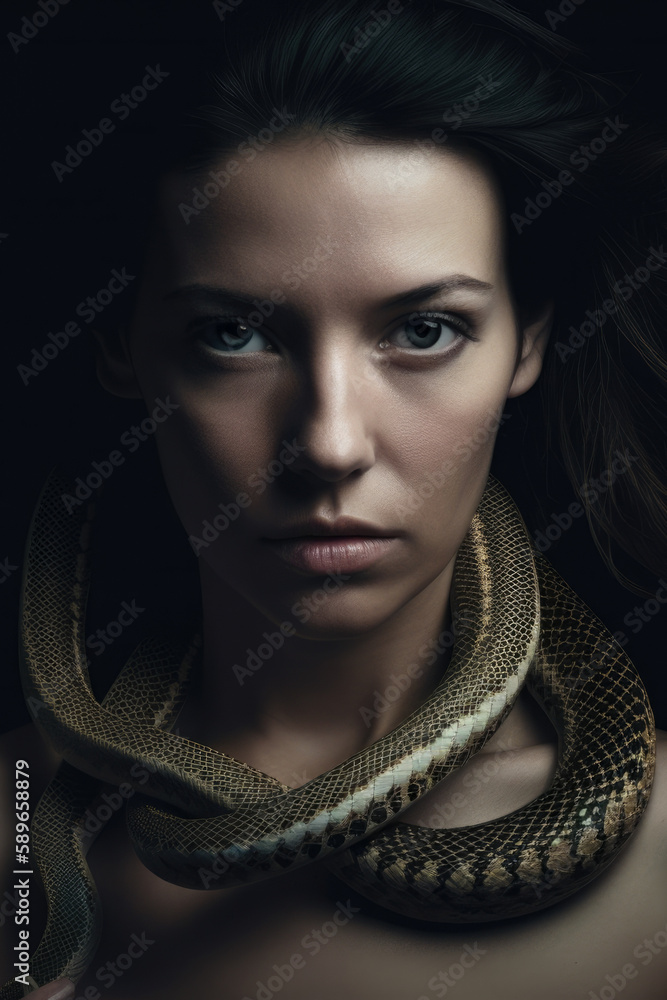 enigmatic themed portrait of a woman with a snake wrapped around her ...
