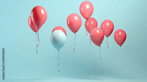  a group of helium balloons one leg flying away isolated on a pastel blue colored background  photography  generative ai