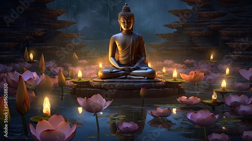  A meditating Buddha statue, Lotus flower and candlelight procession, Photorealism, generative ai