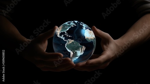  A pair of male hands holding the virtual Earth, 8k, epic, realistic, photography, generative ai