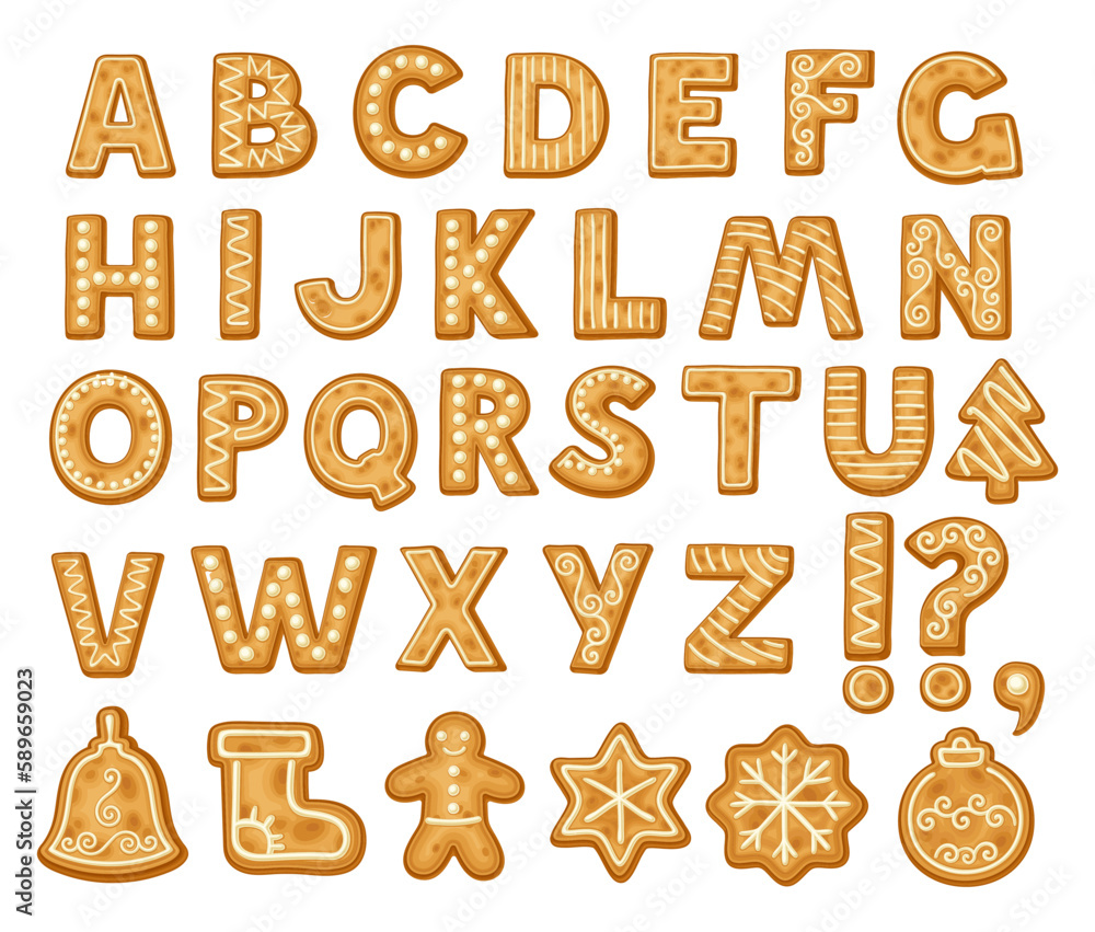 Freshly Baked Cookie Alphabet as Merry Christmas Symbol Big Vector Set