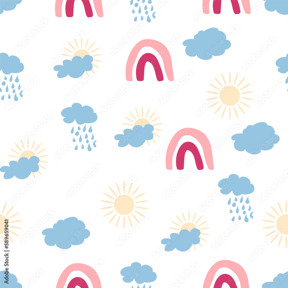 Rainbow seamless pattern in pastel colors. Scandinavian baby hand drawn illustration perfect for textiles Rainbow seamless pattern in pastel colors. Scandinavian baby hand drawn illustration perfect for textiles