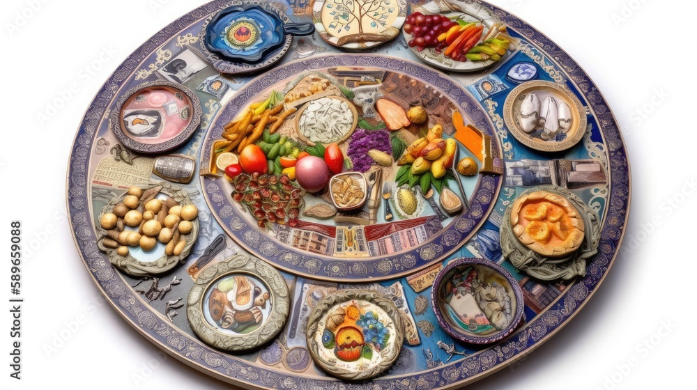  An elaborate and ornate scene featuring a vibrant and eye - catching seder plate, with each element represented in stunning detail, realistic, photography, generative ai