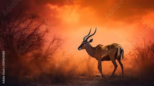  antelope in jungle, golden sunlight in orange sky, dramatic clouds, cell shading, sharp focus, emitting diodes, smoke, realistic, photography, generative ai © 3D Station