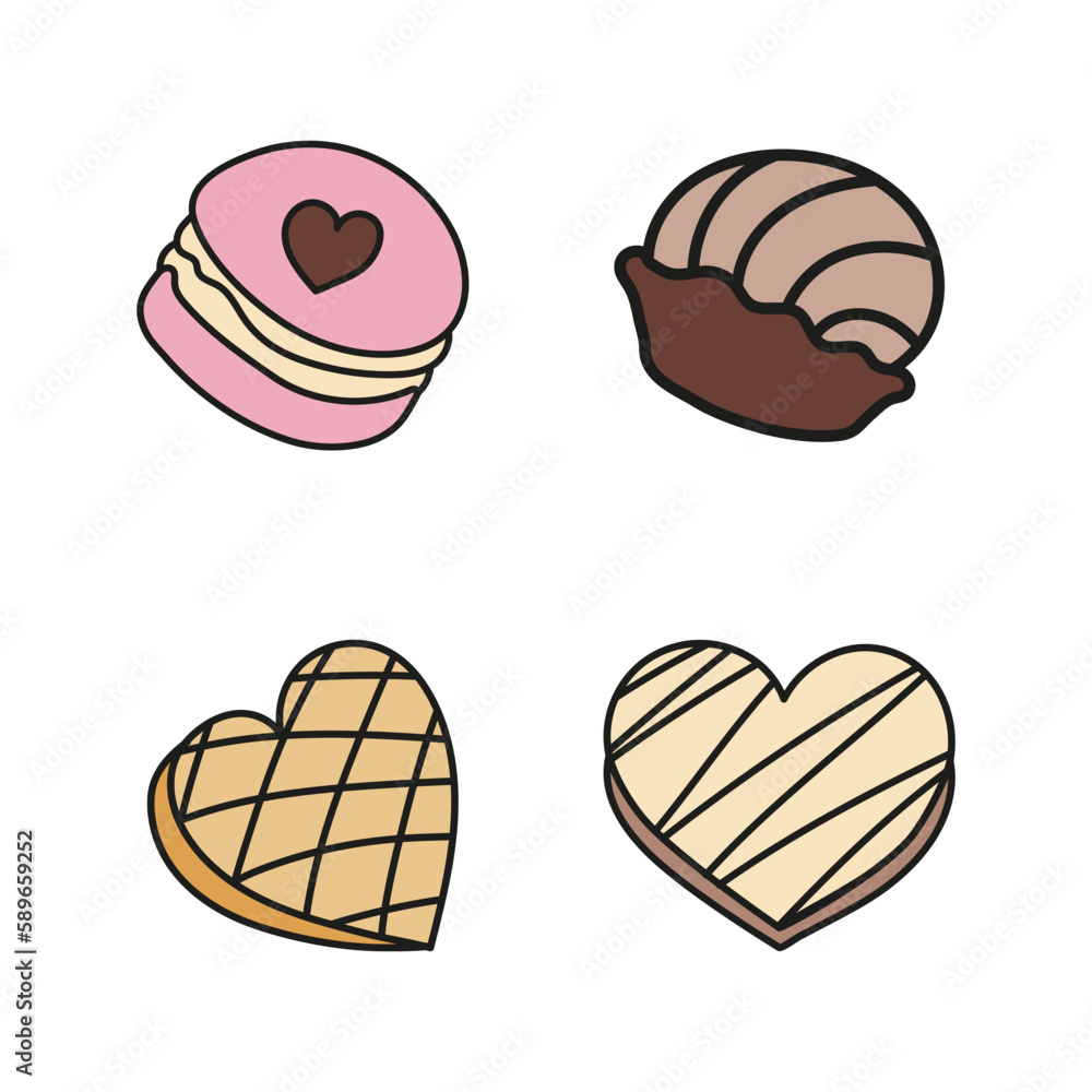 Set sweets candies with heart. Vector illustration doodle style. Macaroon, cake, chocolate candy. Set sweets candies with heart. Vector illustration doodle style. Macaroon, cake, chocolate candy.