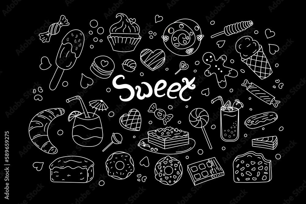 Set sweets doodle. White line on Black. Vector illustration. Food Sweets, dessert, chocolate, cakes.