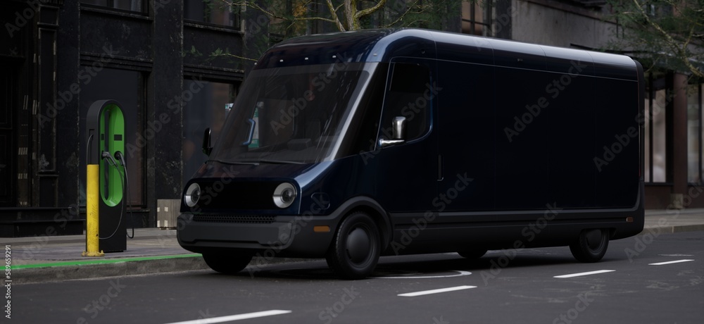 Wide shot of modern EV electric delivery van standing on a street of a big city while courier is delivering the parcel. Realistic 3d rendering