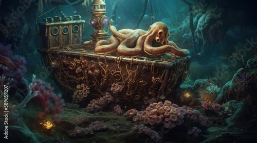 Fotografie, Obraz Deep-Sea Diver Discovers Sunken Ship with Octopus and Treasure Chest filled with