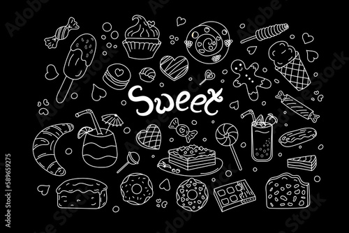 Set sweets doodle. White line on Black. Vector illustration. Food Sweets, dessert, chocolate, cakes.