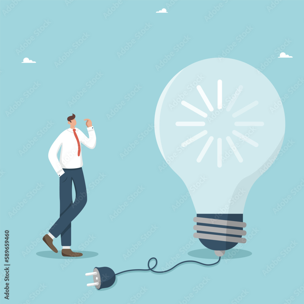 Looking for ways or method to solve a problem, ways or strategies for business development, new ideas or innovations to achieve success, a man thinks near a turned off light bulb with a download icon. Looking for ways or method to solve a problem, ways or strategies for business development, new ideas or innovations to achieve success, a man thinks near a turned off light bulb with a download icon.