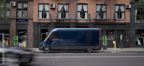 Wide shot of modern EV electric delivery van standing on a street of a big city while courier is delivering the parcel. Realistic 3d rendering