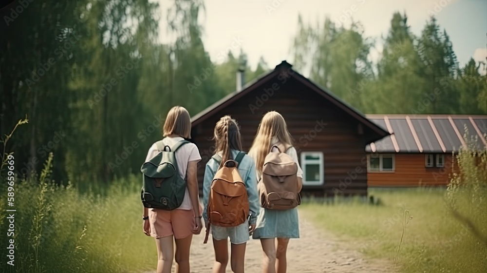 Obraz premium Girls with backpacks walking through summer camp. back view. realistic photgraphy dslr, generative ai