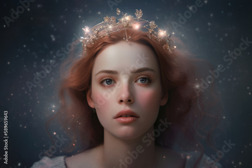 Ethereal Portrait of a Woman with a Radiant Gaze and a Crown of Stars, generative ai