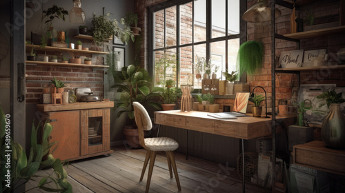 A home office interior idea  with industrial  bohemian  and naturalist design elements. Generative-AI-assisted interior inspiration  natural furniture concept