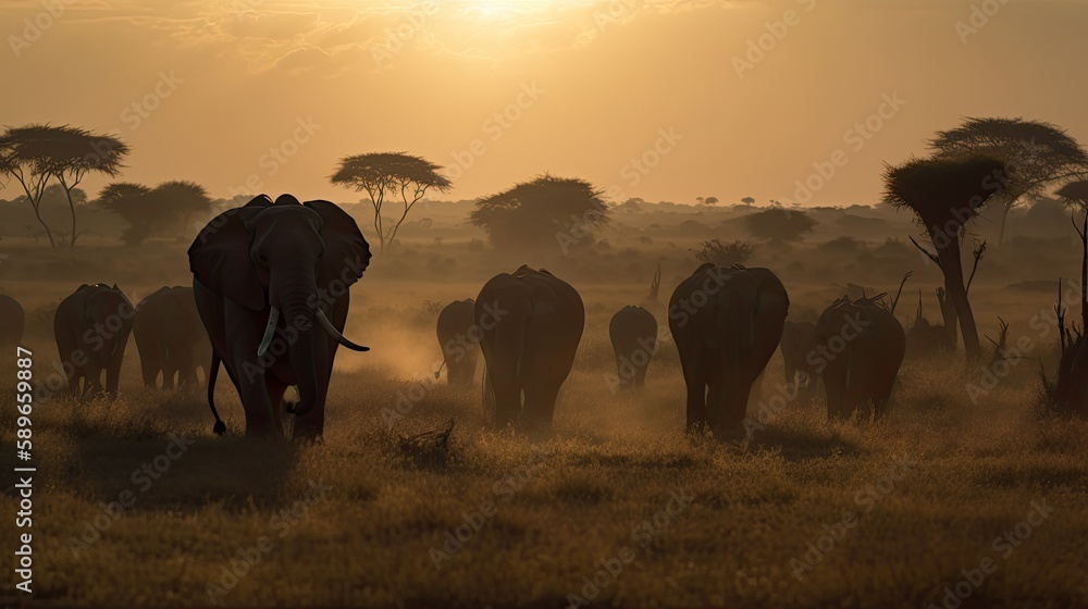 Fototapeta premium Majestic lions and elephants roaming free in the Kenyan wilderness on Madaraka Day, photography, sun rise, extremely detailed, generative ai