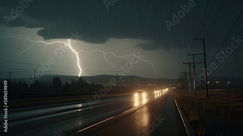 Lightning Storm By a Highway, cinematic perfect light, realistic, photographic, generative ai