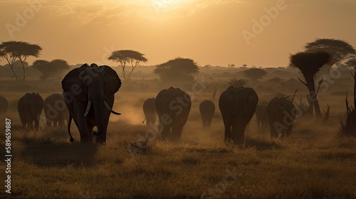 Majestic lions and elephants roaming free in the Kenyan wilderness on Madaraka Day, photography, sun rise, extremely detailed, generative ai