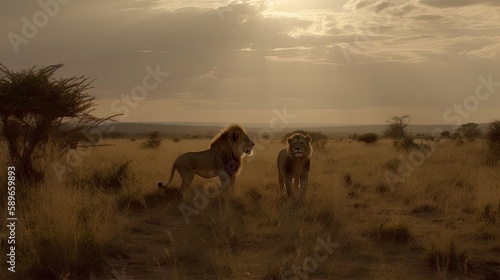 Majestic lions and elephants roaming free in the Kenyan wilderness on Madaraka Day  photography  sun rise  extremely detailed  generative ai