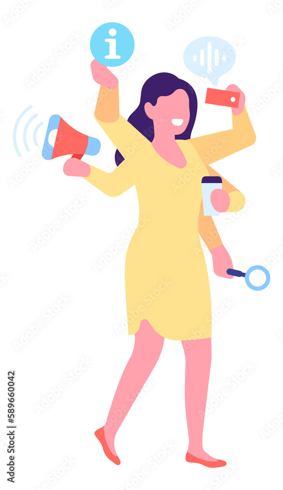 Woman doing many tasks at time. Work efficiency concept Woman doing many tasks at time. Work efficiency concept