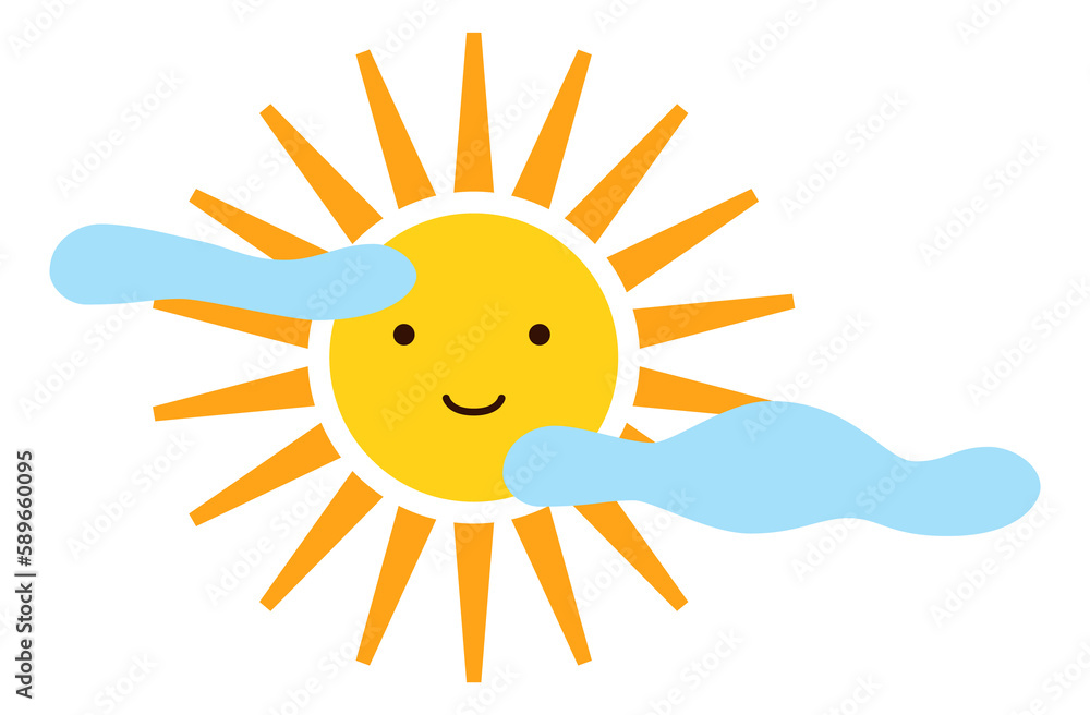 Smiling sun on cloud sky. Happy flat character Smiling sun on cloud sky. Happy flat character