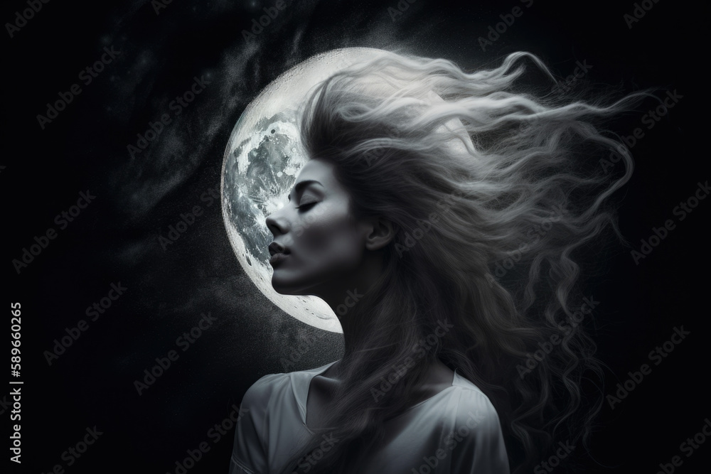 evocative portrait of a woman with a moon in her back, symbolizing the cyclical nature of life, feminine energy, and the mysteries of the night, generative ai
