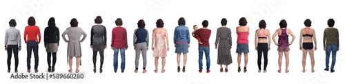 line of back view of the same woman in different outfits at different times in her life on white background
