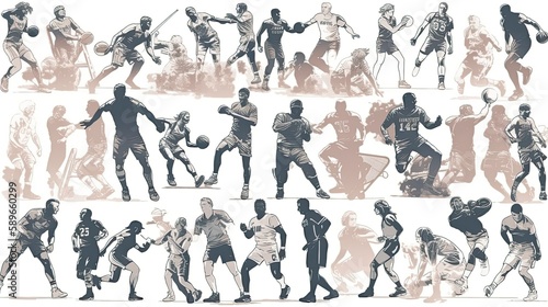  set of athletes of various sports disciplines. Isolated vector silhouette. Run, soccer, hockey, volleyball, basketball, rugby, baseball, football, cycling, golf, realistic, photography, generative ai