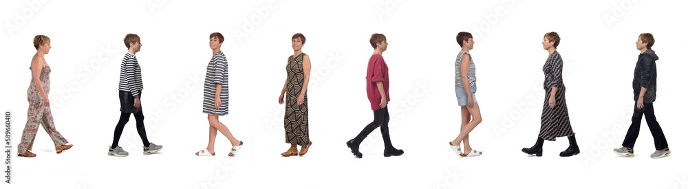 side view of the same woman in different outfits walking on white background side view of the same woman in different outfits walking on white background