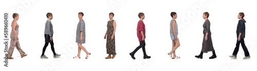 side view of the same woman in different outfits walking on white background
