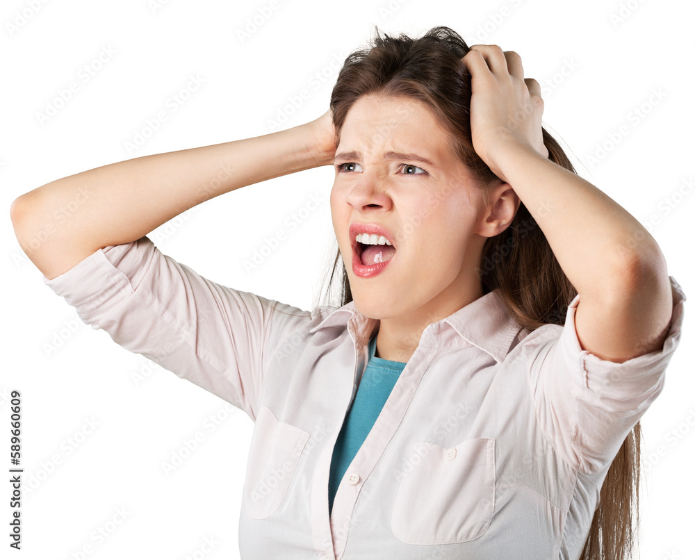 Hysterical woman expression with her hands on the head on a white isolated background Hysterical woman expression with her hands on the head on a white isolated background