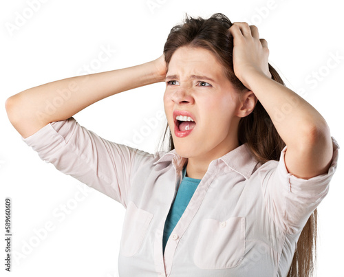 Hysterical woman expression with her hands on the head on a white isolated background