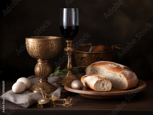 Easter still life with bread, wine and eggs on a dark background