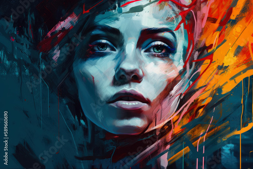 Expressive portrait of a woman in a futuristic style with bold brushstrokes and dynamic composition, generative ai