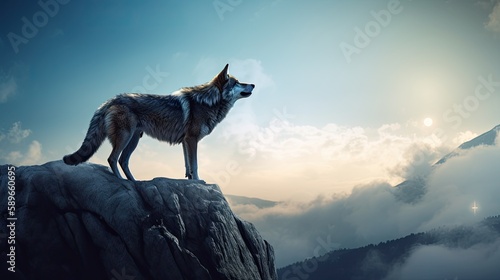 women wolf hybrid, howling to the moon on top of a rock, painting, ambient light, fog, wide angle, 8k, epic, ray traced, sharp focus, depth of field, realistic, photography, generative ai