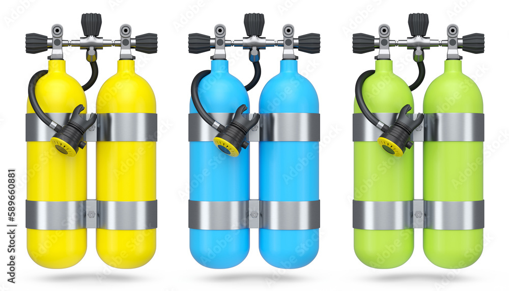 Set of diving tank full oxygen for snorkeling on white background. Set of diving tank full oxygen for snorkeling on white background.