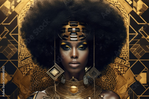 fierce and regal portrait of a woman with a stunning afro hairstyle, adorned with intricate gold jewelry and surrounded by floating geometric shapes, generative ai photo