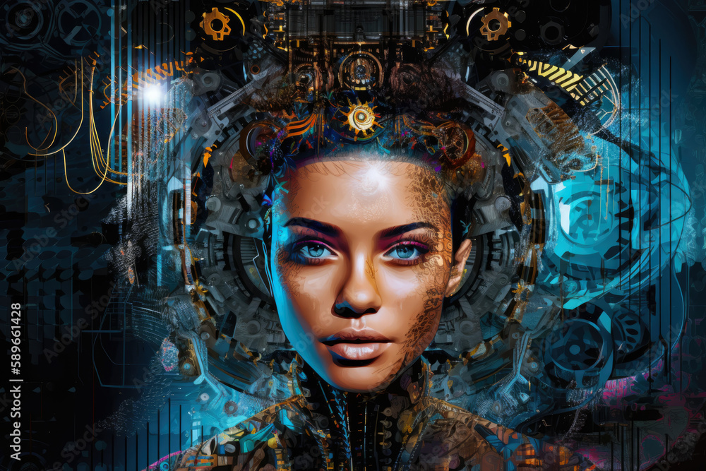 Futuristic Pop Art Portrait of a Powerful Woman with Metallic Elements and Cybernetic Features, generative ai