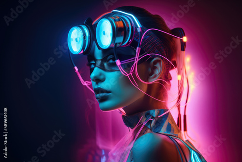 Futuristic portrait of a woman in avant-garde fashion with high-tech elements and neon colors, generative ai