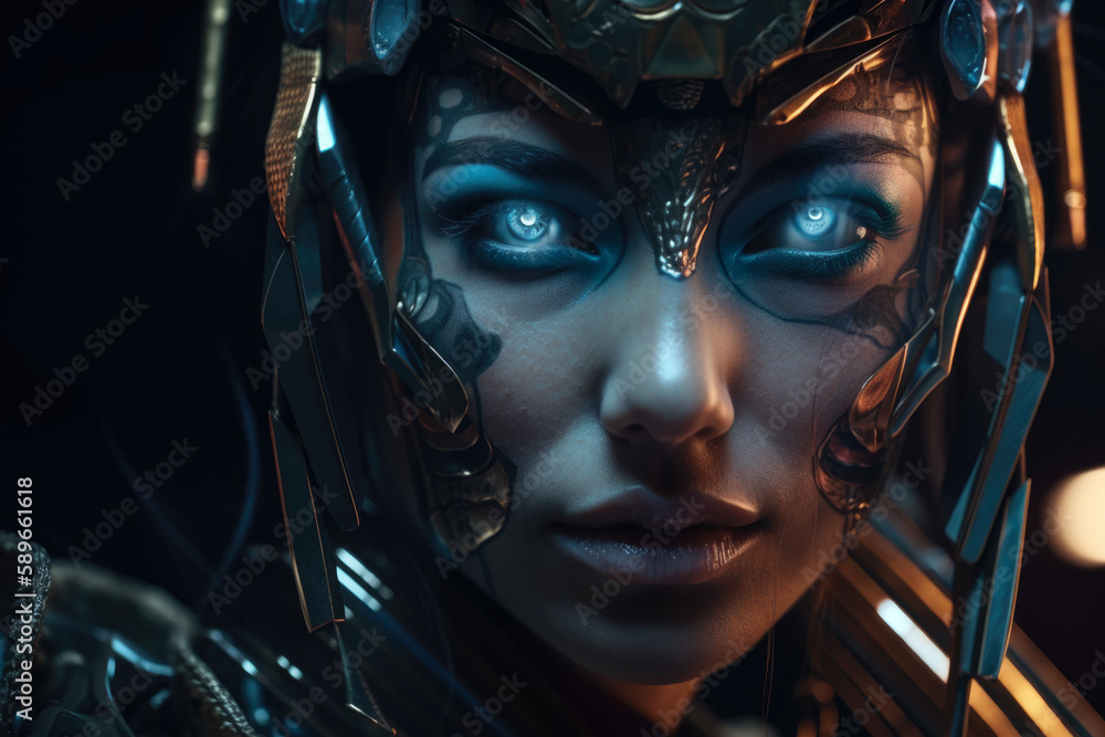 Futuristic Samurai Warrior Woman with a Cybernetic Eye Staring Intensely at the Camera, generative ai Futuristic Samurai Warrior Woman with a Cybernetic Eye Staring Intensely at the Camera, generative ai