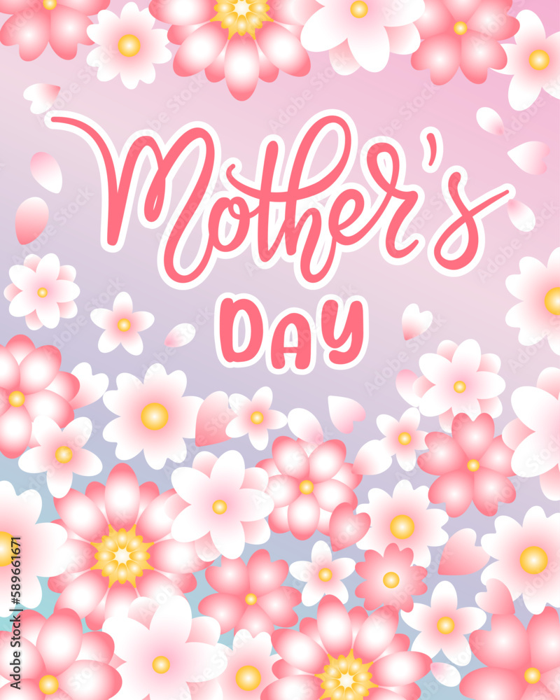 Happy Mother's Day poster with pink and white flowers and with hand written lettering. Modern calligraphy on gradient background. Vector floral design template, greeting card, frame, banner. 