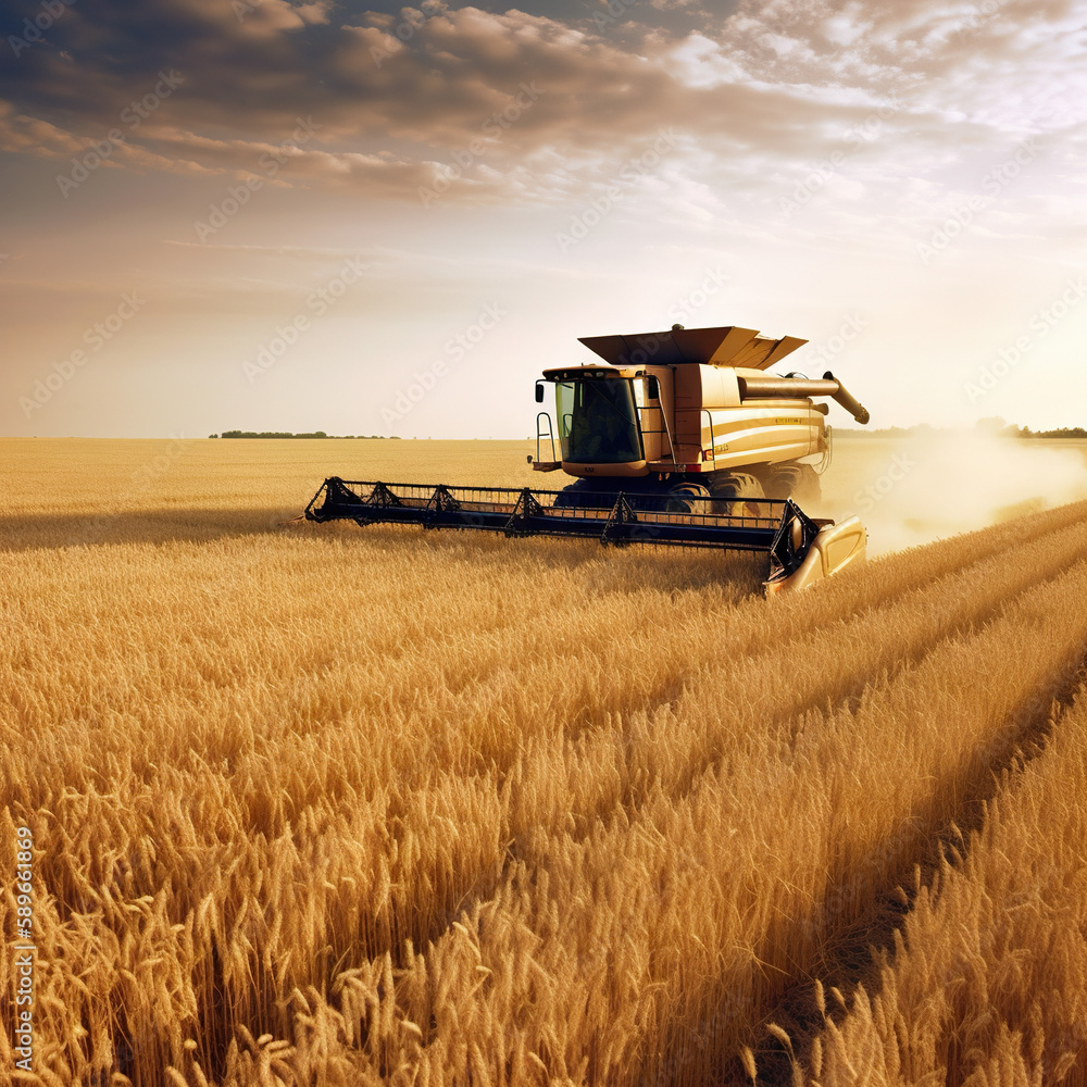 Obraz premium Productive Summer Day: Combine Harvester Collecting Bountiful Wheat