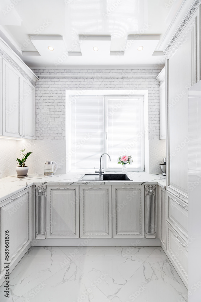 Fototapeta premium Modern interior with white kitchen and kitchen appliances in the country house