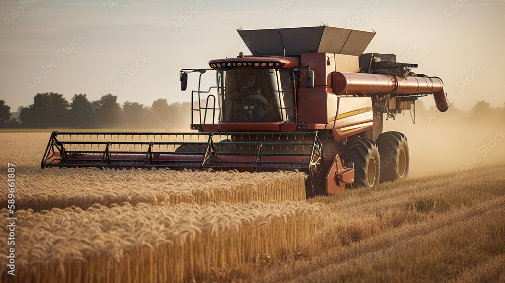 Fototapeta premium Productive Summer Day: Combine Harvester Collecting Bountiful Wheat