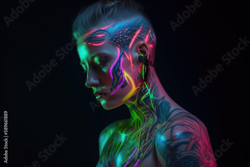 Futuristic Woman with Cyberpunk Body Art and Neon Hues, generative ai