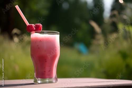 Summer raspberry smoothie in nature against the background of a green summer day, generative ai