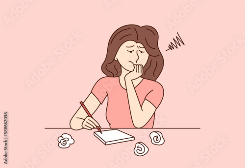Stressed girl, sits at a table with crumpled papers and writes a story for a book. Depressed female writer without inspiration tries to work at home. Flat vector image