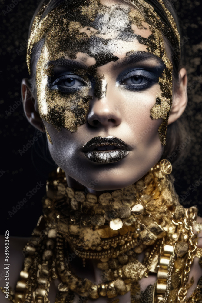 Glamorous portrait of a woman in avant-garde fashion with shimmering textures and luxurious accessories, generative ai