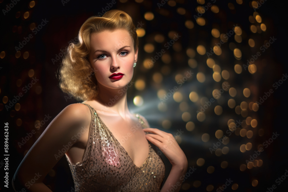 Glamorous Hollywood Starlet Portrait of a woman in a glamorous 1940s-style gown and jewelry, standing in front of a glittering Hollywood backdrop, generative ai Glamorous Hollywood Starlet Portrait of a woman in a glamorous 1940s-style gown and jewelry, standing in front of a glittering Hollywood backdrop, generative ai
