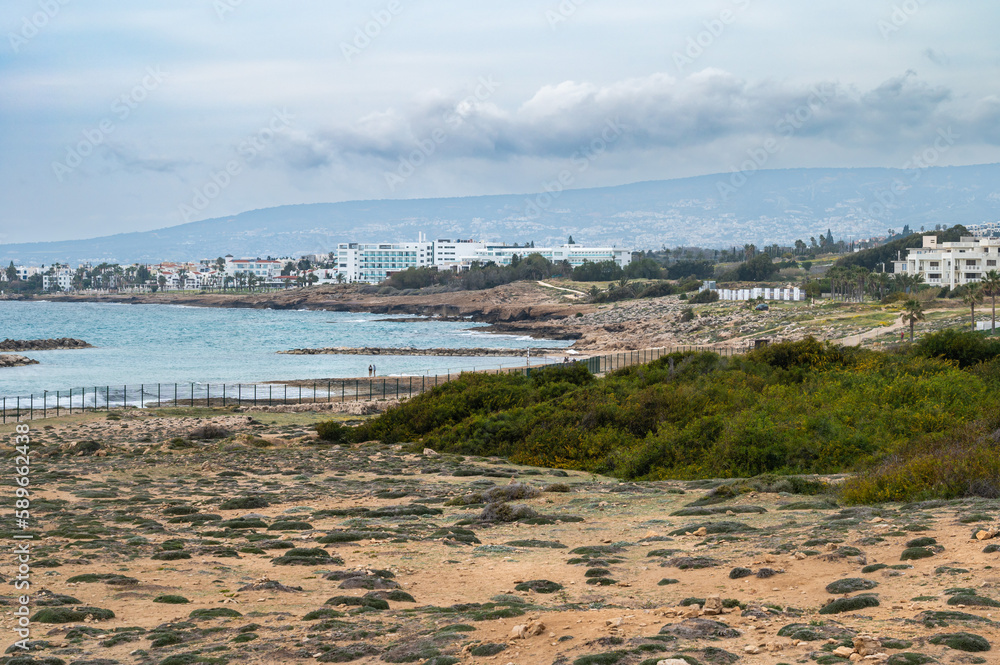 Coastal view over the archaelogical site of the Tombs of the Kings, Paphos, Cyprus