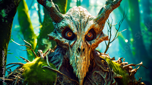 Close up of creepy looking creature in the woods with big eyes. Generative AI. photo